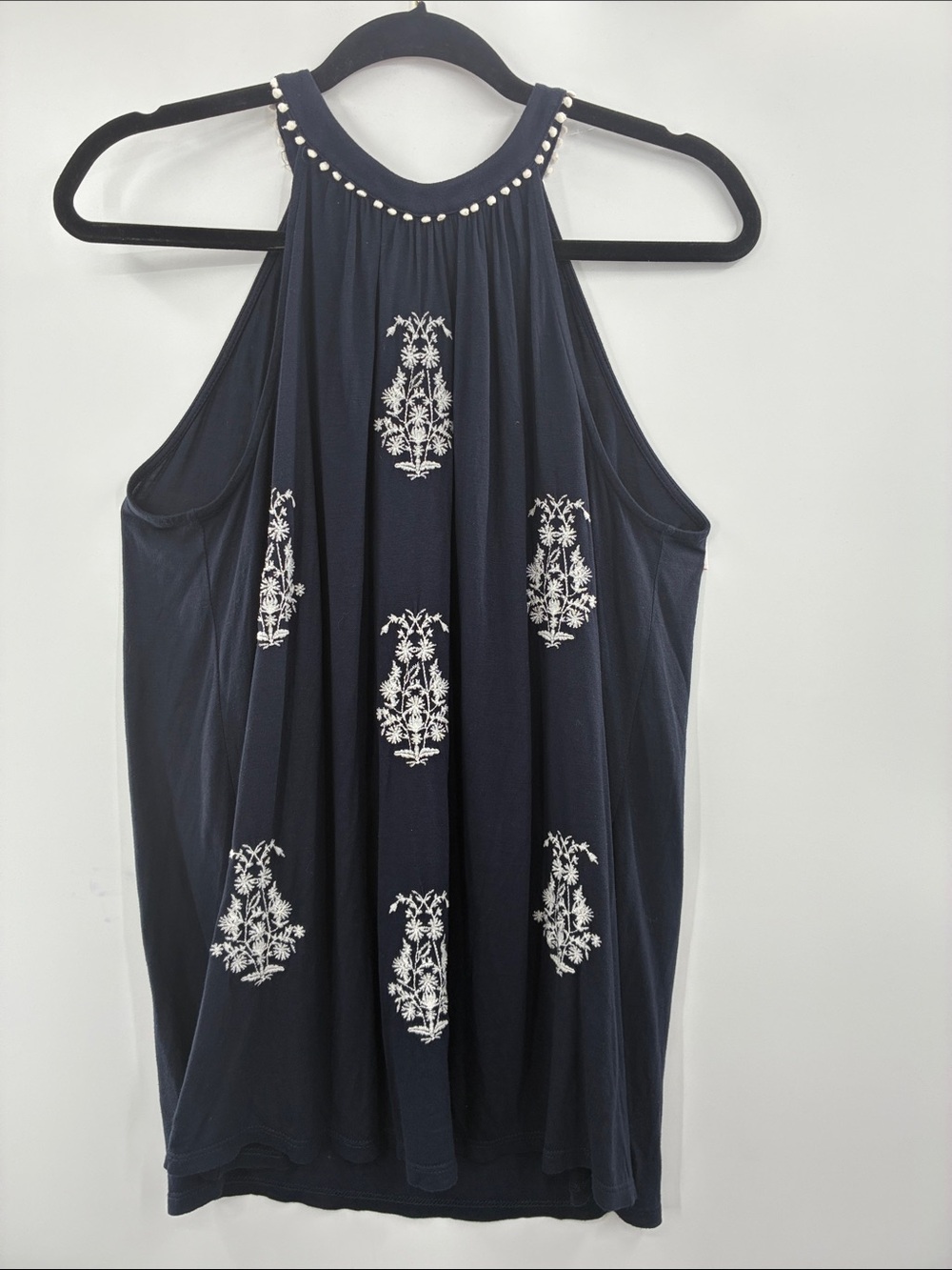 3 for$20 LOFT Navy Embroidered Halter Tank with Beaded Neckline
